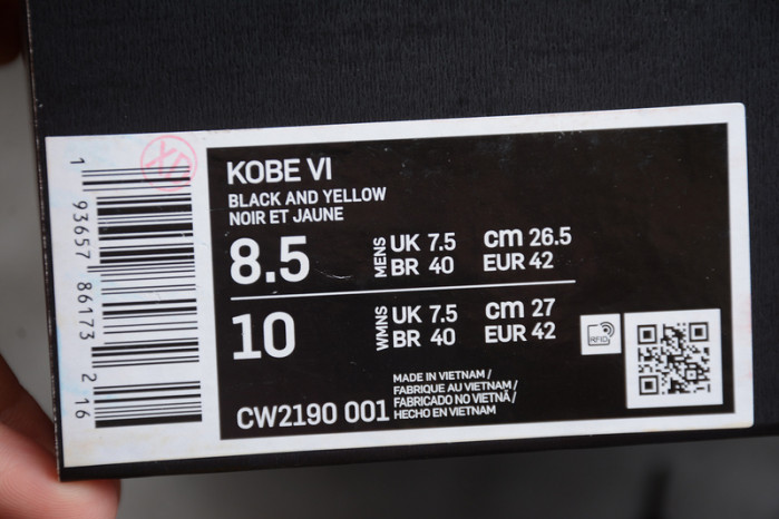 kobe 6 protro del sol black/dark grey-white-del sol cw2190-001